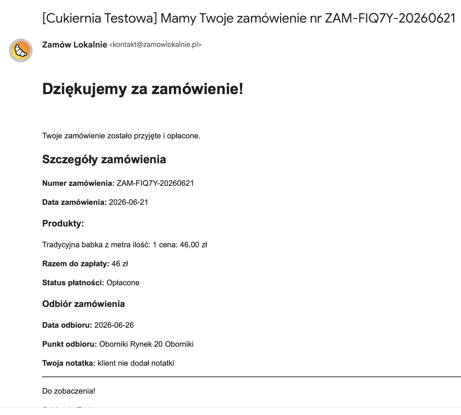 Mail do klienta po złożeniu zamówienia