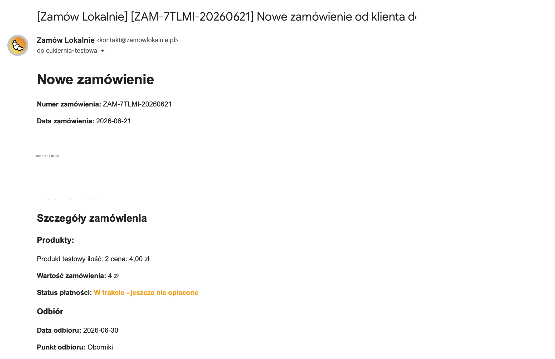 Mail Nowe zamówienie ze statusem W trakcie - jeszcze nie opłacone